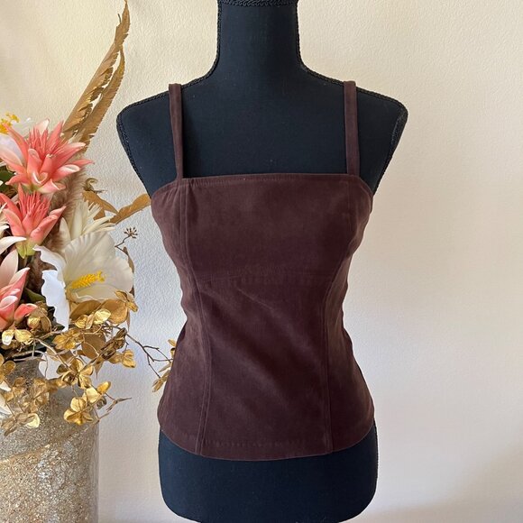 Tops - SOLDSuede Square Neck Fitted Brown Top With Zip Closure Small